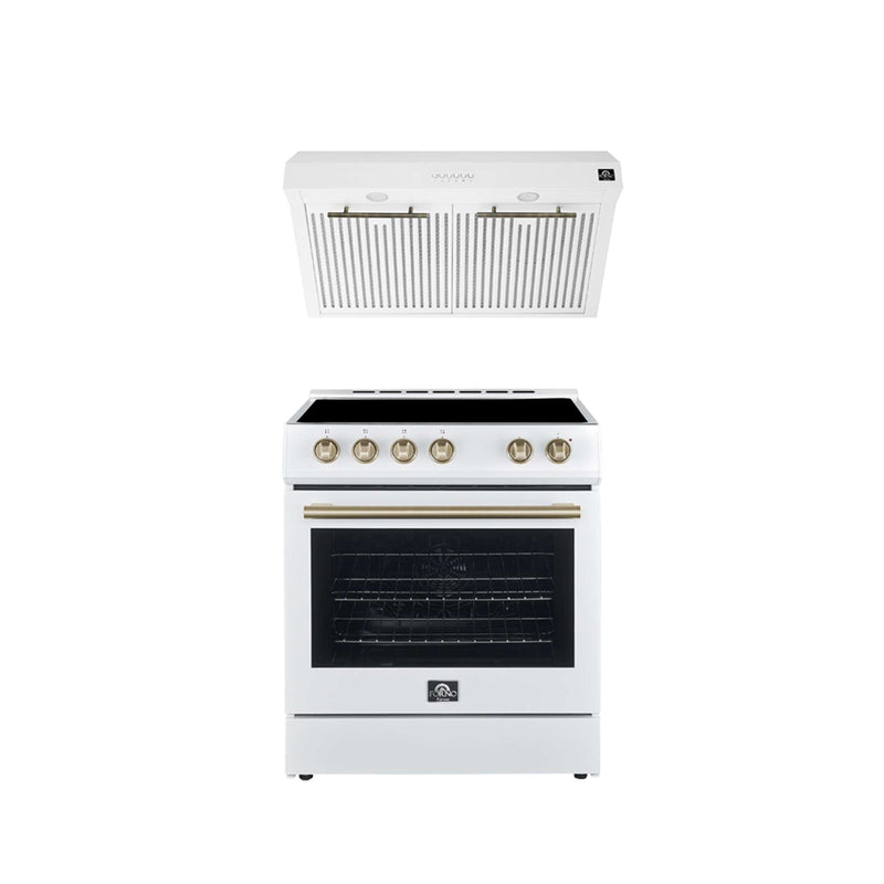 FORNO Premium 2-Piece Kitchen Bundle - Leonardo Espresso 30" White Range, 30" White Range Hood, FBDL-002-03US FORNO