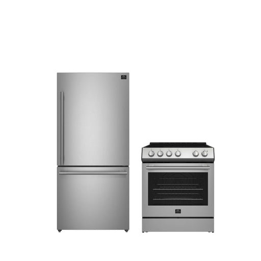 FORNO Premium 2-Piece Kitchen Bundle - Leonardo Espresso 30" Stainless Steel Range, 31" Stainless Steel Bottom Freezer Refrigerator, FBDL-003-01US FORNO