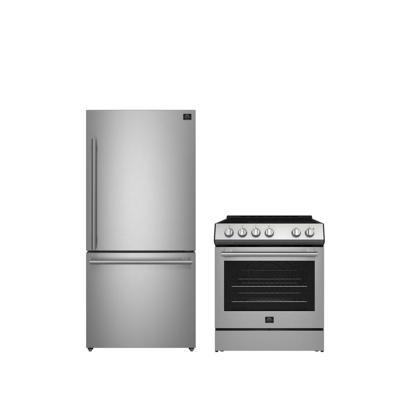 FORNO Premium 2-Piece Kitchen Bundle - Leonardo Espresso 30" Stainless Steel Range, 31" Stainless Steel Bottom Freezer Refrigerator, FBDL-003-01US FORNO