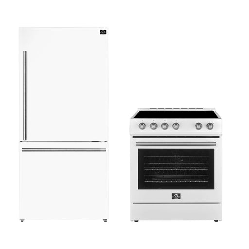 FORNO Premium 2-Piece Kitchen Bundle - Leonardo Espresso 30" White Range, 31" White Bottom Freezer Refrigerator, FBDL-003-03US FORNO