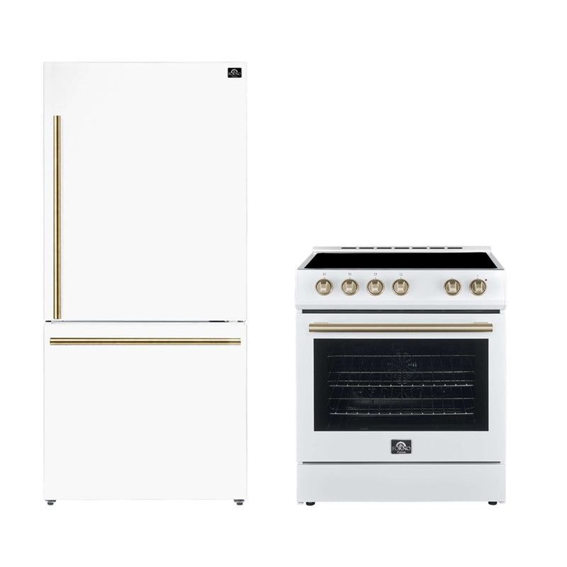FORNO Premium 2-Piece Kitchen Bundle - Leonardo Espresso 30" White Range, 31" White Bottom Freezer Refrigerator, FBDL-003-03US FORNO