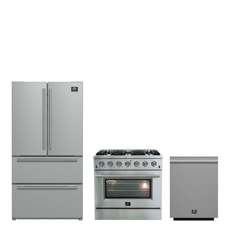 FORNO Premium 3-Piece Kitchen Bundle - Galiano 36" Gas Range, 36" Built-In Refrigerator, 24" Built-In Dishwasher, FBDL-004-01CAUS FORNO
