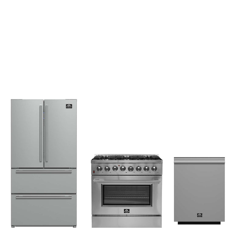 FORNO Premium 3-Piece Kitchen Bundle - Galiano 36" Dual Fuel Range, 36" Built-In Refrigerator, 24" Built-In Dishwasher, FBDL-004-02CAUS FORNO