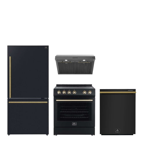 FORNO Espresso Package - 30" Electric Range, Range Hood, Refrigerator and Dishwasher in Black with Antique Brass Handles, FBDL-006-02US FORNO