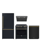 FORNO Espresso Package - 30" Electric Range, Range Hood, Refrigerator and Dishwasher in Black with Antique Brass Handles, FBDL-006-02US FORNO
