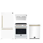 FORNO Espresso Package - 30" Electric Range, Range Hood, Refrigerator and Dishwasher in White with Antique Brass Handles, FBDL-006-03US FORNO