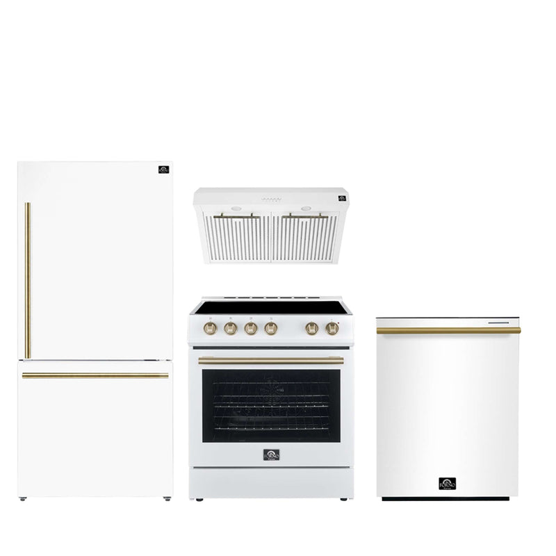 FORNO Espresso Package - 30" Electric Range, Range Hood, Refrigerator and Dishwasher in White with Antique Brass Handles, FBDL-006-03US FORNO