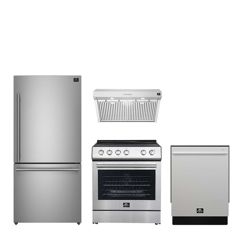 FORNO Espresso Bundle - 30" Electric Range, Under Cabinet Range Hood, 31" Refrigerator and 24" Dishwasher, FBDL-010-01US FORNO