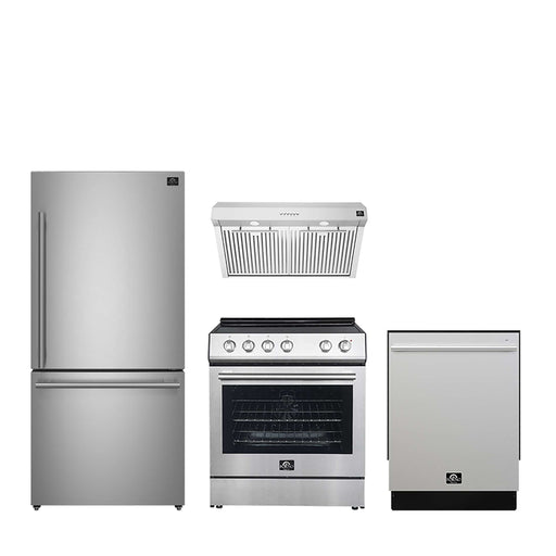FORNO Espresso Bundle - 30" Electric Range, Under Cabinet Range Hood, 31" Refrigerator and 24" Dishwasher, FBDL-010-01US FORNO