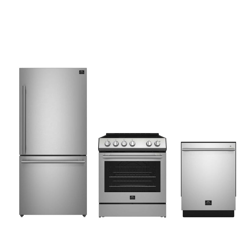 FORNO Premium 3-Piece Kitchen Bundle - 30" Electric Range, French Door Refrigerator, Built-In Dishwasher, Stainless Steel, FBDL-011-01US FORNO