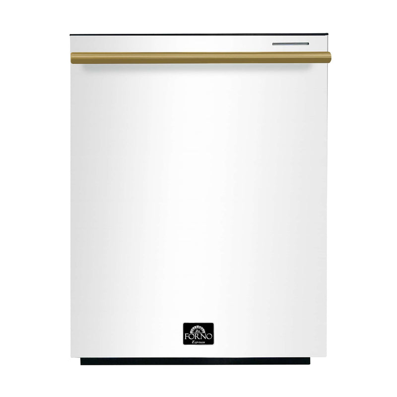 FORNO Espresso Package - 30" Electric Range, Range Hood, Refrigerator and Dishwasher in White with Antique Brass Handles, FBDL-006-03US FORNO