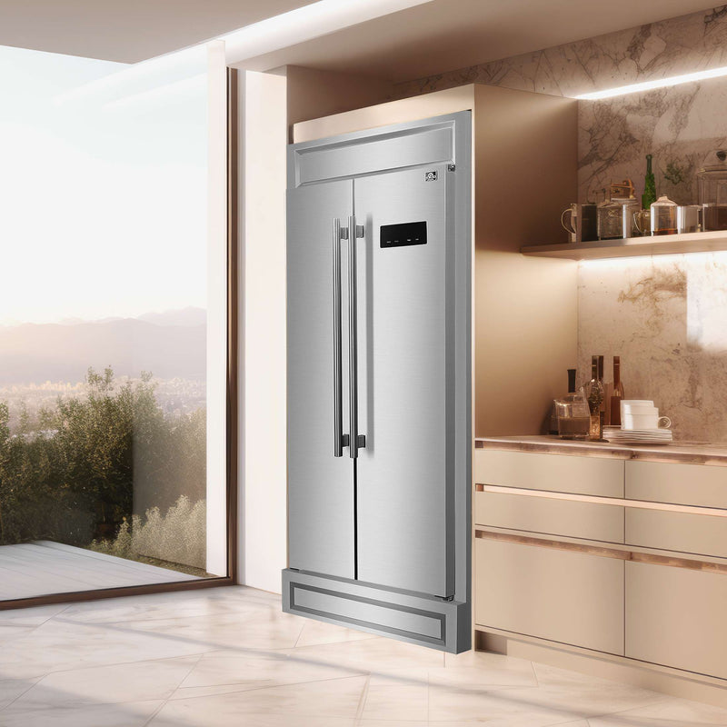 FORNO Salerno 33" Built-in Stainless Steel Refrigerator 15.6 cu. ft - With Modern Decorative Grill - 37" Wide, FFRBI1805-37MG FORNO