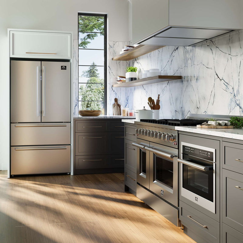 FORNO Premium 3-Piece Kitchen Bundle - 48" Gas Range, Wall Mount Range Hood and 60" Refrigerator with Modern Grill Trim, FBDL-018-04CAUS FORNO