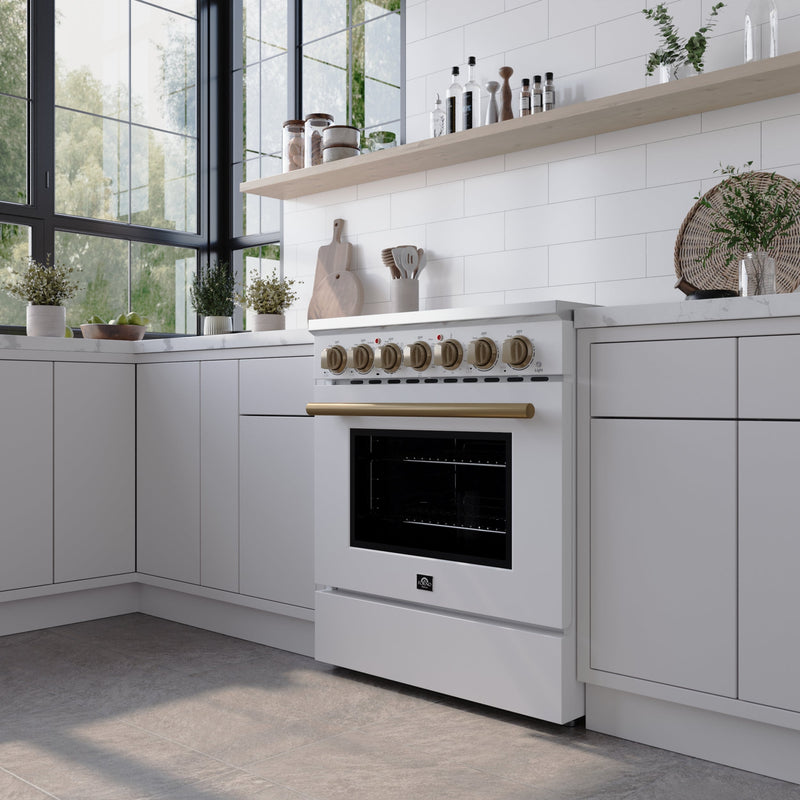 FORNO Paolo 30" Freestanding Electric Range in White, 4.38 cu.ft. with Antique Brass Handles, FFSEL6011-30WHT FORNO