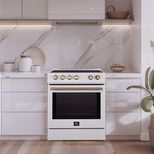 FORNO Espresso Leonardo 30" 5 cu. ft. Electric Range in White with Antique Brass Handles (optional silver), FFSEL6012-30WHT FORNO