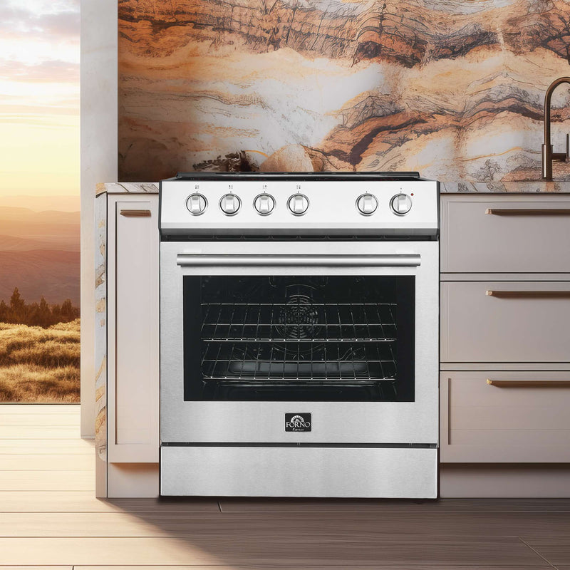 FORNO Espresso Package - 30" Electric Range, Range Hood and Refrigerator in Stainless Steel with Silver Handles, FBDL-001-01US FORNO