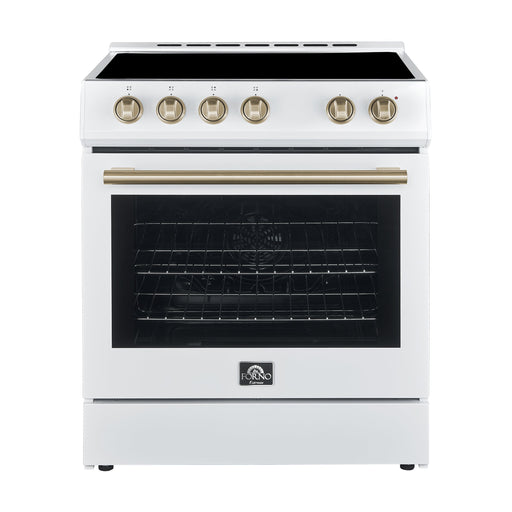 FORNO Espresso Leonardo 30" 5 cu. ft. Electric Range in White with Antique Brass Handles (optional silver), FFSEL6012-30WHT FORNO
