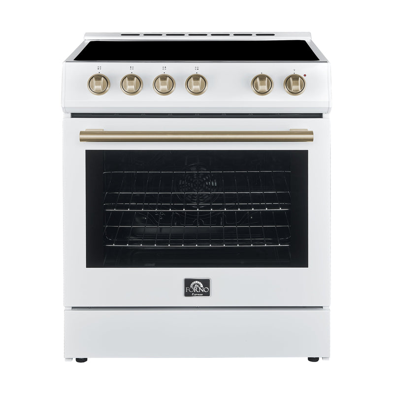 FORNO Espresso Leonardo 30" 5 cu. ft. Electric Range in White with Antique Brass Handles (optional silver), FFSEL6012-30WHT FORNO