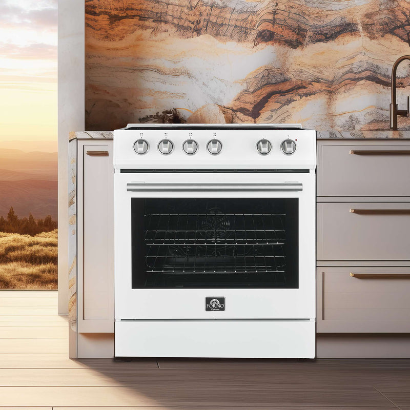 FORNO Espresso Leonardo 30" 5 cu. ft. Electric Range in White with Antique Brass Handles (optional silver), FFSEL6012-30WHT FORNO