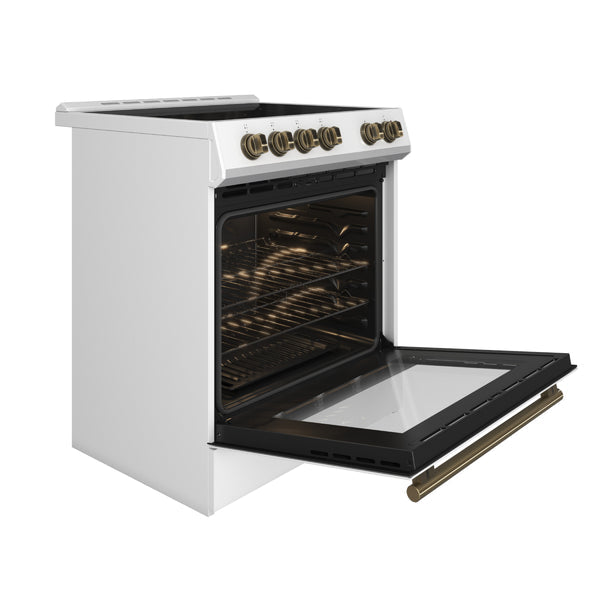FORNO Espresso Leonardo 30" 5 cu. ft. Electric Range in White with Antique Brass Handles (optional silver), FFSEL6012-30WHT FORNO