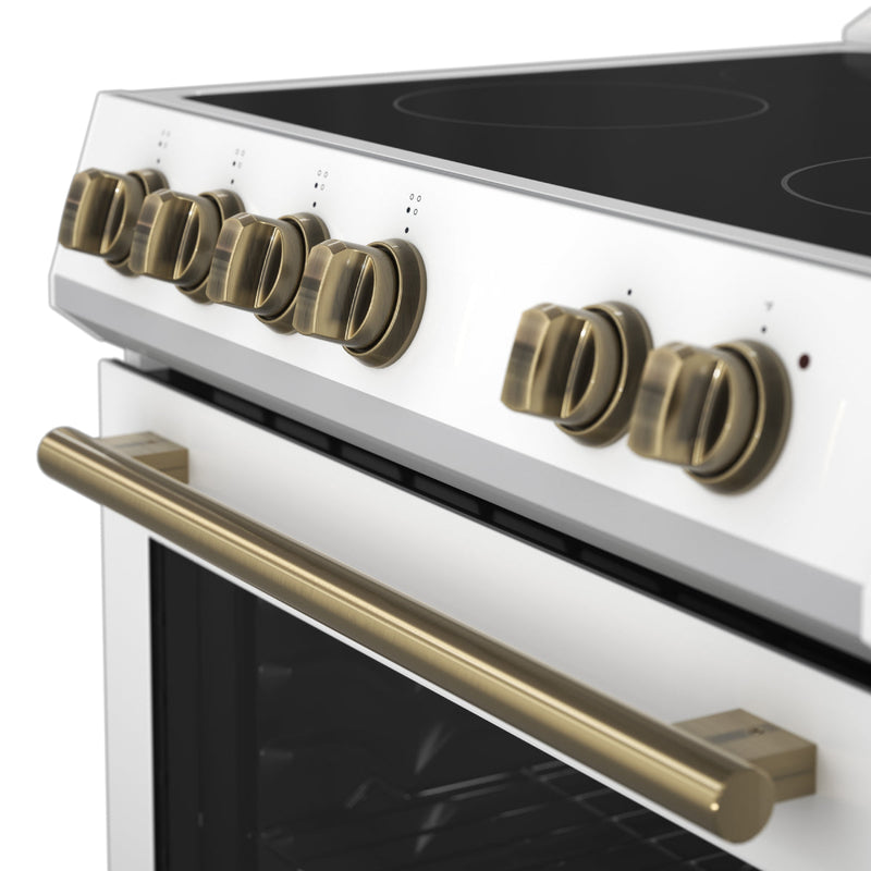 FORNO Espresso Leonardo 30" 5 cu. ft. Electric Range in White with Antique Brass Handles (optional silver), FFSEL6012-30WHT FORNO