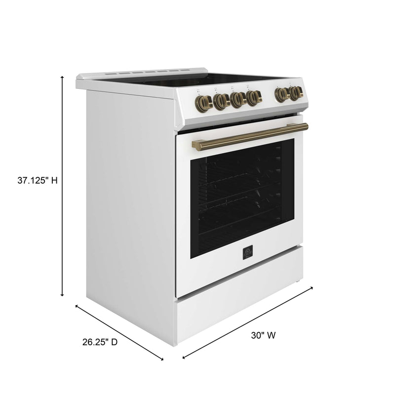 FORNO Espresso Leonardo 30" 5 cu. ft. Electric Range in White with Antique Brass Handles (optional silver), FFSEL6012-30WHT FORNO