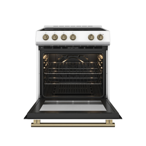 FORNO Espresso Leonardo 30" 5 cu. ft. Electric Range in White with Antique Brass Handles (optional silver), FFSEL6012-30WHT FORNO