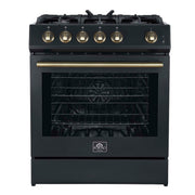 FORNO Espresso Leonardo 30" 5 cu. ft. Gas Range - Black with Antique Brass Handles (optional silver), FFSGS1116-30BLK FORNO