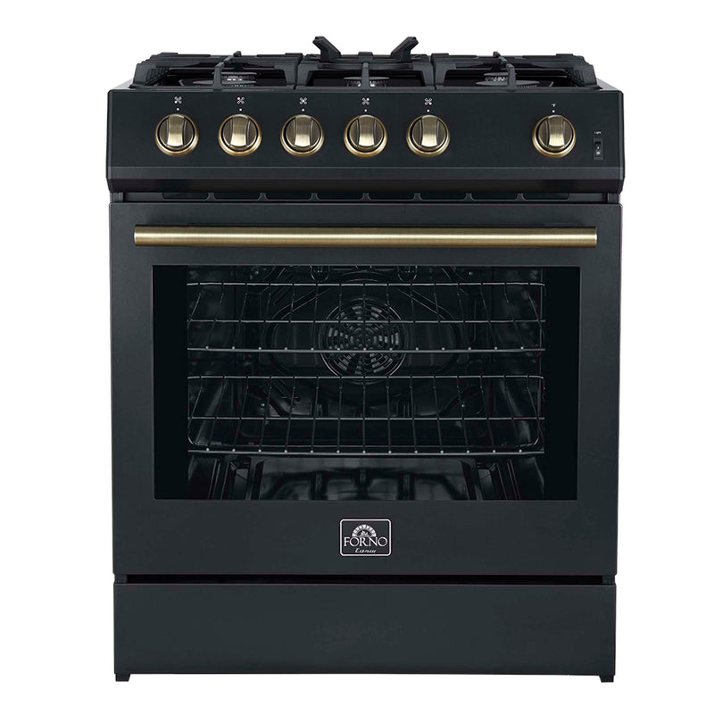 FORNO Espresso Leonardo 30" 5 cu. ft. Gas Range - Black with Antique Brass Handles (optional silver), FFSGS1116-30BLK FORNO