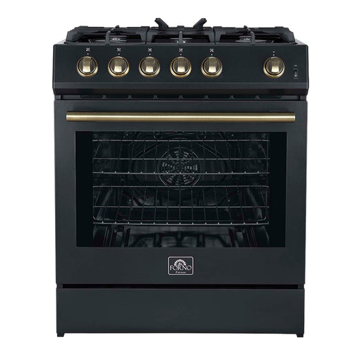 FORNO Espresso Leonardo 30" 5 cu. ft. Gas Range - Black with Antique Brass Handles (optional silver), FFSGS1116-30BLK FORNO