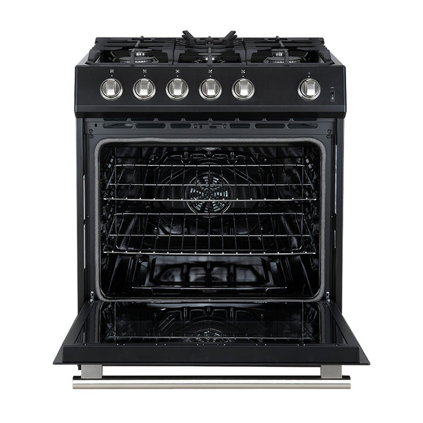 FORNO Espresso Leonardo 30" 5 cu. ft. Gas Range - Black with Antique Brass Handles (optional silver), FFSGS1116-30BLK FORNO