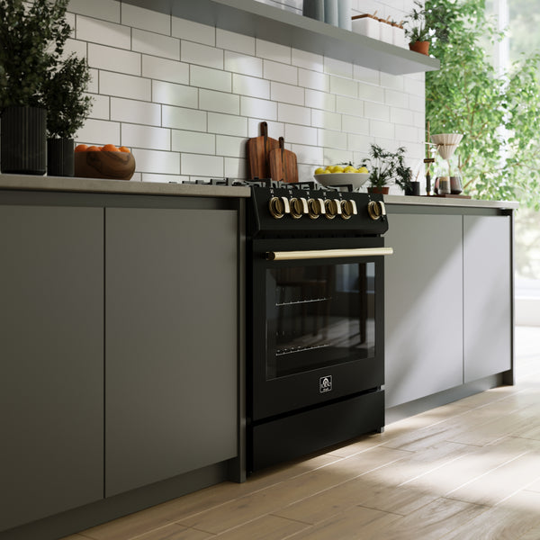 FORNO Espresso Leonardo 30" 5 cu. ft. Gas Range - Black with Antique Brass Handles (optional silver), FFSGS1116-30BLK FORNO