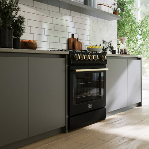 FORNO Espresso Leonardo 30" 5 cu. ft. Gas Range - Black with Antique Brass Handles (optional silver), FFSGS1116-30BLK FORNO