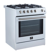 FORNO Espresso Leonardo 30" 5 cu. ft. Gas Range in White with Antique Brass Handles (optional silver), FFSGS1116-30WHT FORNO