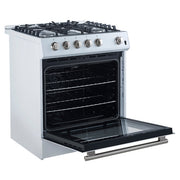 FORNO Espresso Leonardo 30" 5 cu. ft. Gas Range in White with Antique Brass Handles (optional silver), FFSGS1116-30WHT FORNO