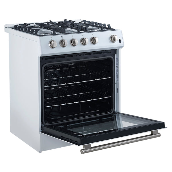 FORNO Espresso Leonardo 30" 5 cu. ft. Gas Range in White with Antique Brass Handles (optional silver), FFSGS1116-30WHT FORNO