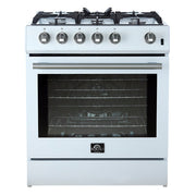FORNO Espresso Leonardo 30" 5 cu. ft. Gas Range in White with Antique Brass Handles (optional silver), FFSGS1116-30WHT FORNO