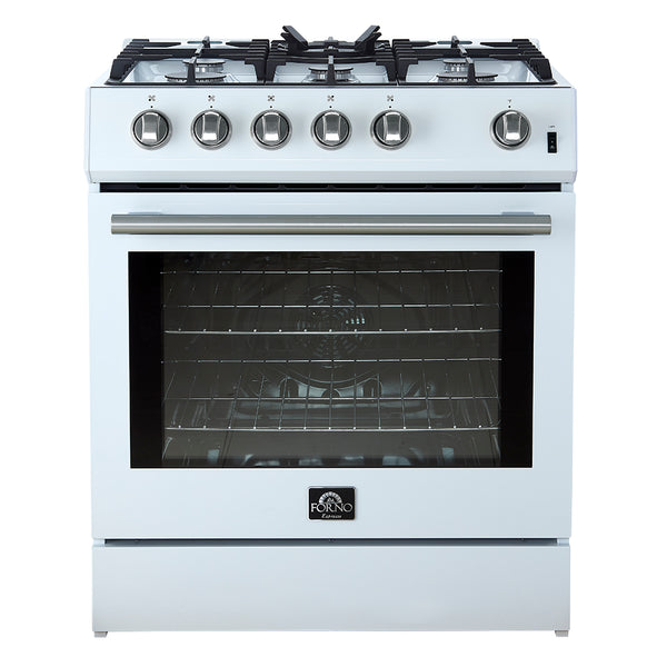 FORNO Espresso Leonardo 30" 5 cu. ft. Gas Range in White with Antique Brass Handles (optional silver), FFSGS1116-30WHT FORNO