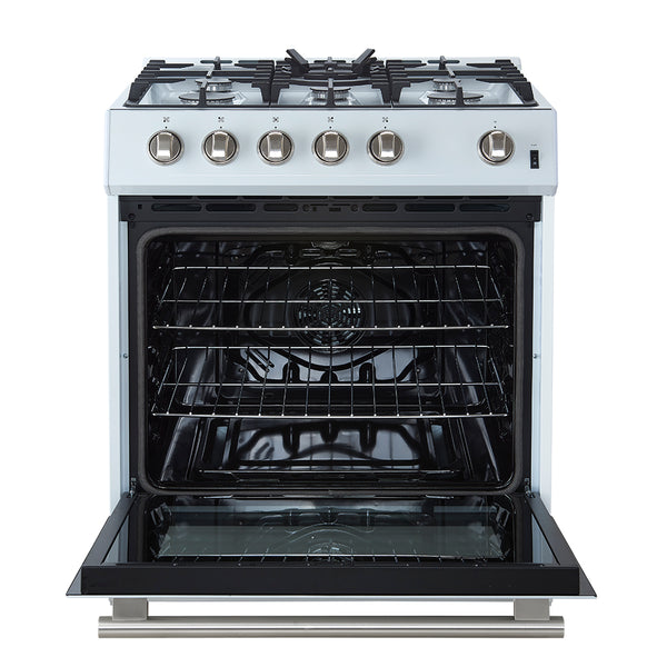 FORNO Espresso Leonardo 30" 5 cu. ft. Gas Range in White with Antique Brass Handles (optional silver), FFSGS1116-30WHT FORNO