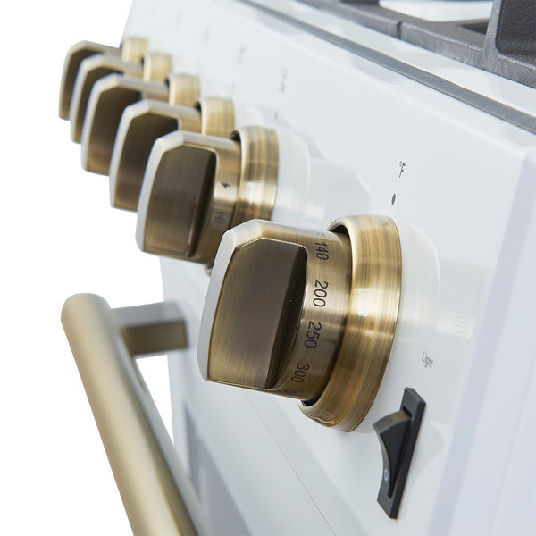 FORNO Espresso Leonardo 30" 5 cu. ft. Gas Range in White with Antique Brass Handles (optional silver), FFSGS1116-30WHT FORNO