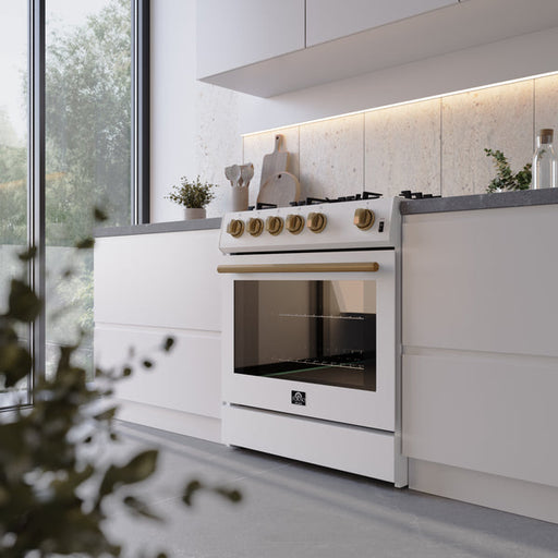 FORNO Espresso Leonardo 30" 5 cu. ft. Gas Range in White with Antique Brass Handles (optional silver), FFSGS1116-30WHT FORNO