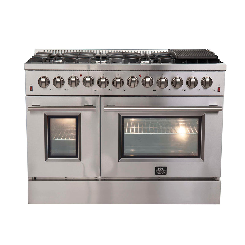FORNO Premium 2-Piece Kitchen Bundle - Galiano 48" Stainless Steel Range, Forno Maderno 2-28 " Wide Units with Decorative Trim, FBDL-017-03CAUS FORNO