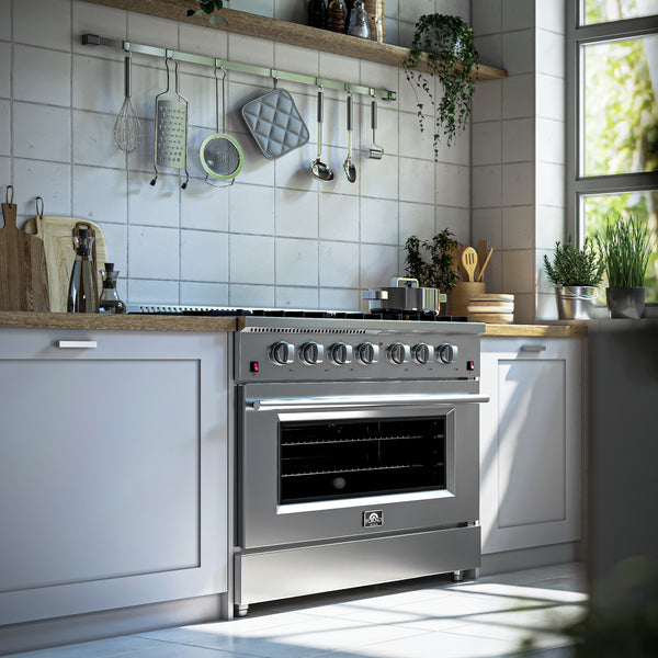 FORNO Galiano 36" Freestanding Gas Range with 6 Italian Burners in Stainless Steel, FFSGS6244-36 FORNO