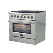 FORNO Galiano 36" Freestanding Gas Range with 6 Italian Burners in Stainless Steel, FFSGS6244-36 FORNO