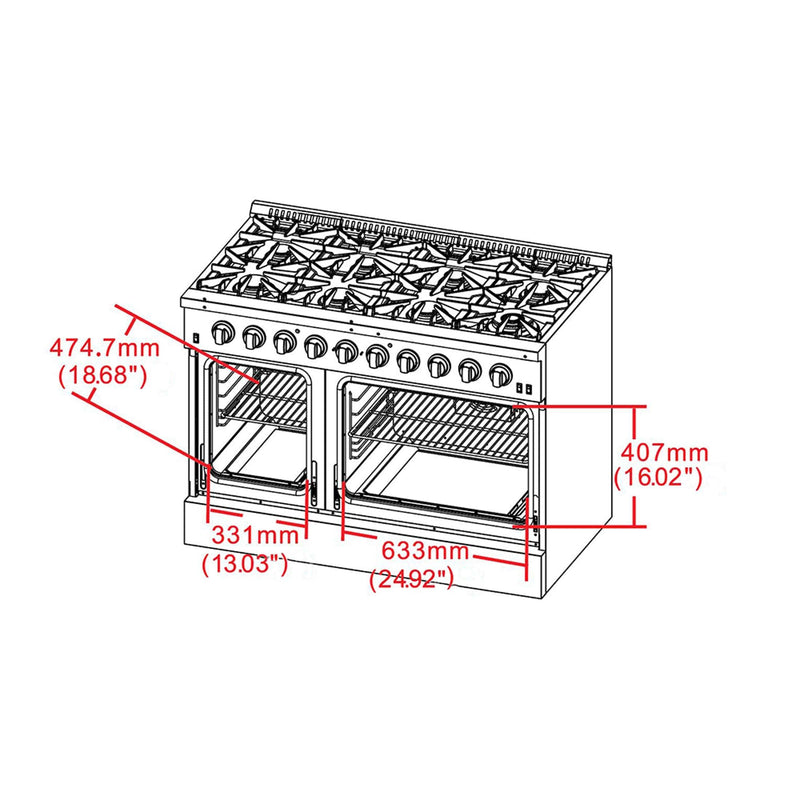 FORNO Galiano 48-inch Gas Range Stainless Steel, 8 Burners, 107,000 BTU, Griddle, 6.58 cu.ft. Double Oven, FFSGS6244-48 FORNO