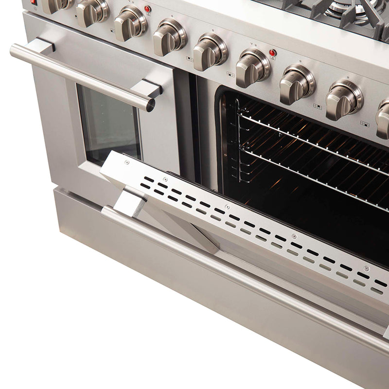 FORNO Galiano 48-inch Gas Range Stainless Steel, 8 Burners, 107,000 BTU, Griddle, 6.58 cu.ft. Double Oven, FFSGS6244-48 FORNO