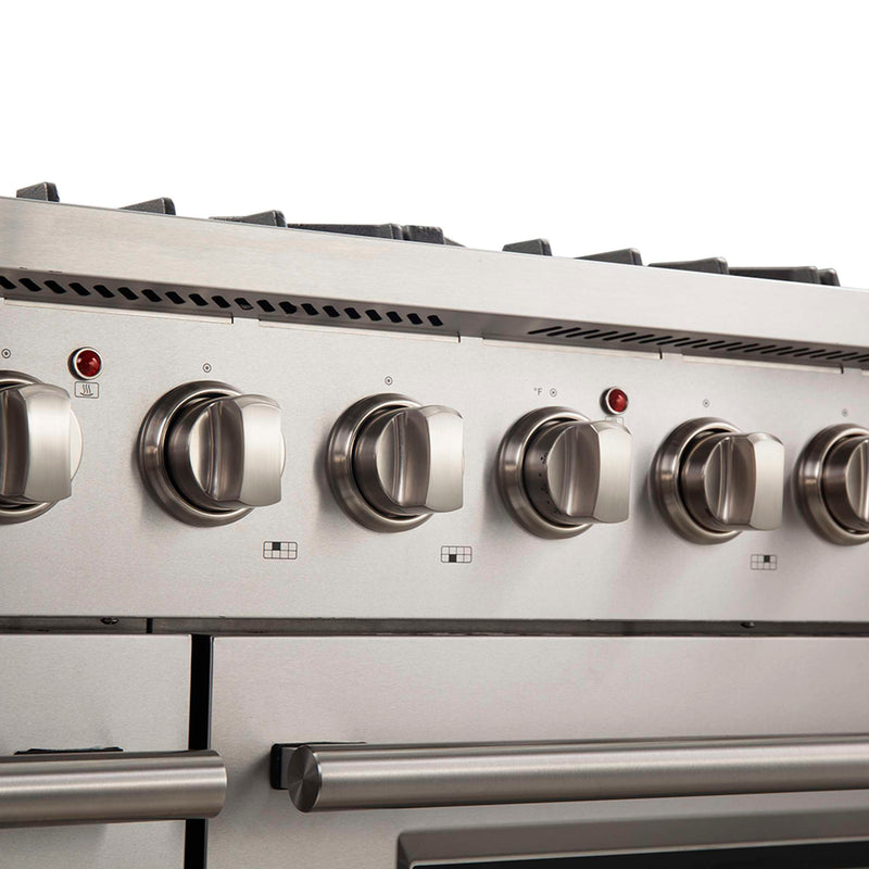 FORNO Galiano 48-inch Gas Range Stainless Steel, 8 Burners, 107,000 BTU, Griddle, 6.58 cu.ft. Double Oven, FFSGS6244-48 FORNO