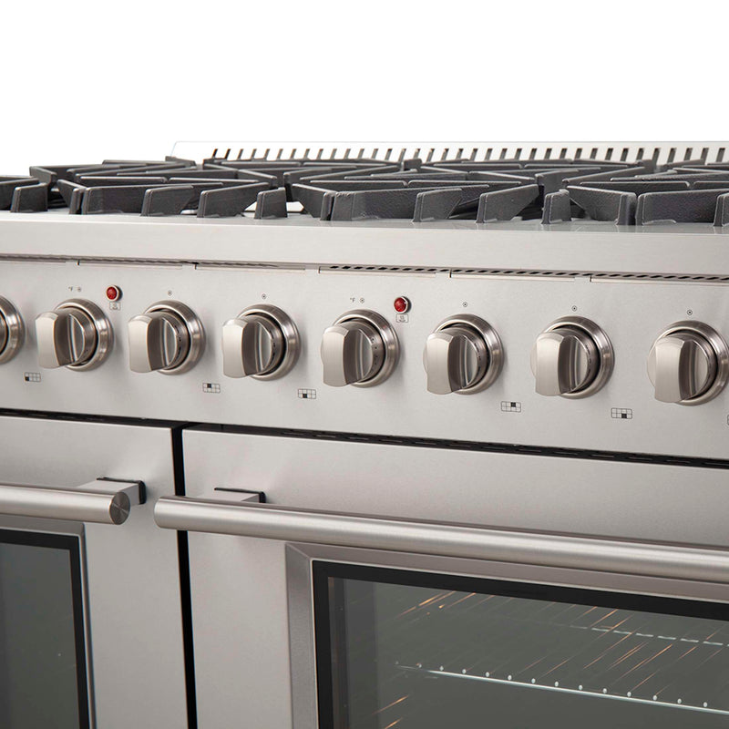FORNO Galiano 48-inch Gas Range Stainless Steel, 8 Burners, 107,000 BTU, Griddle, 6.58 cu.ft. Double Oven, FFSGS6244-48 FORNO