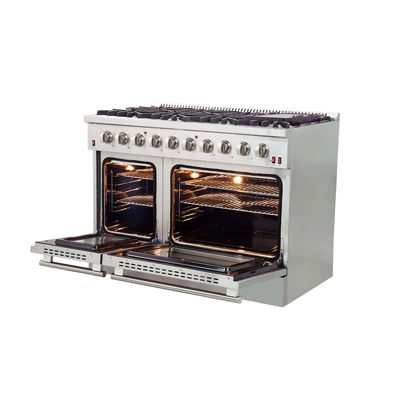 FORNO Galiano 48-inch Gas Range Stainless Steel, 8 Burners, 107,000 BTU, Griddle, 6.58 cu.ft. Double Oven, FFSGS6244-48 FORNO