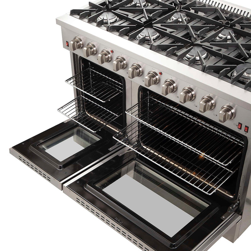 FORNO Galiano 48-inch Gas Range Stainless Steel, 8 Burners, 107,000 BTU, Griddle, 6.58 cu.ft. Double Oven, FFSGS6244-48 FORNO